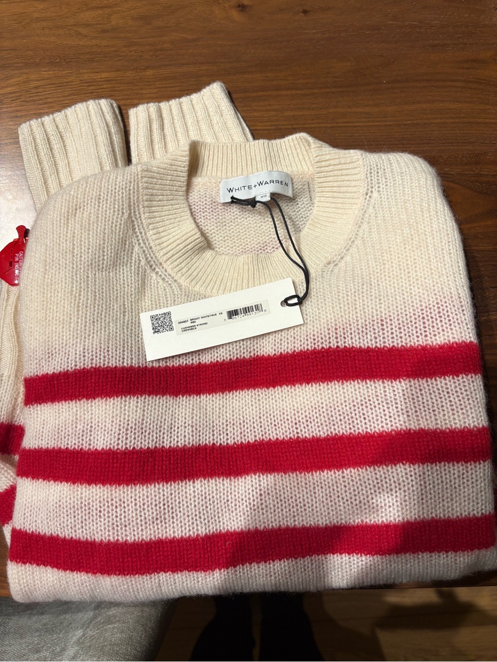 NWT White + Warren Cream Crewneck Sweater with Red Stripes